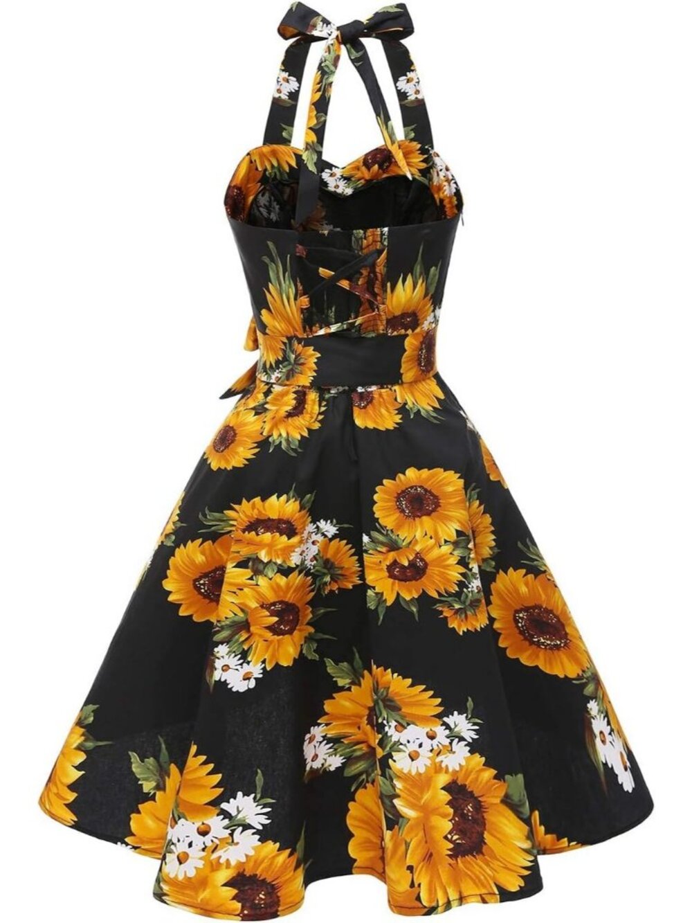 Women's Vintage Polka Audrey 1950s Halter Cocktail Dress- Black/Sunflower - Picture 5 of 6